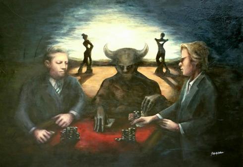 Une peinture sur le poker avec Mixe Sexton, Vince Van Patten et un Minotaure. Light in the darkness par Steph McArthur